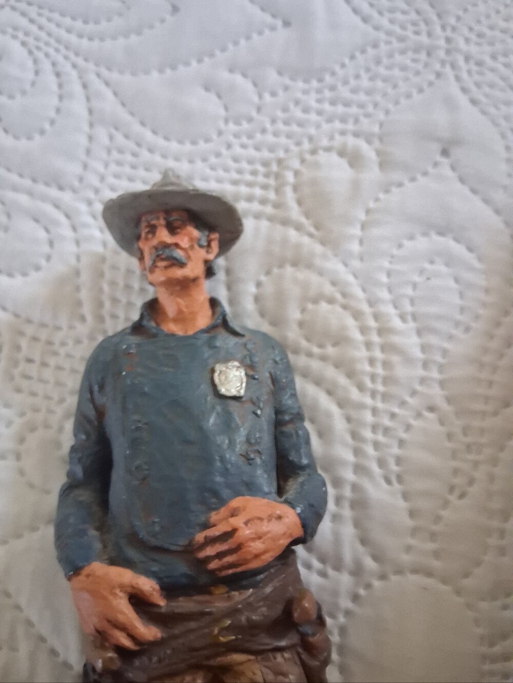 Hand-Painted Western Cowboy Figurine in Blue and Brown Signed By Michael Garma